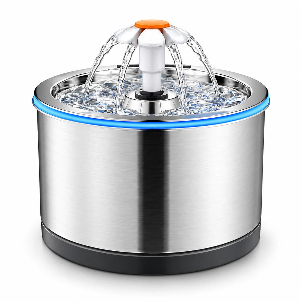 Fontaine à eau pour chat en inox ronde 3 L, fontaine fleur à jets en couronne avec anneau LED