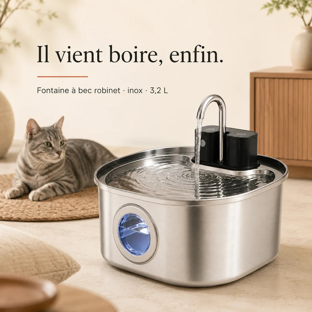 Fontaine à eau en inox FlowArc 3,2 L à bec robinet pour chat Image