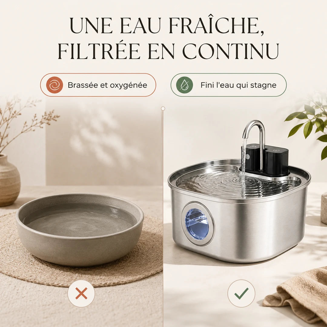 Eau fraîche filtrée en continu par la fontaine à chat FlowArc inox Image