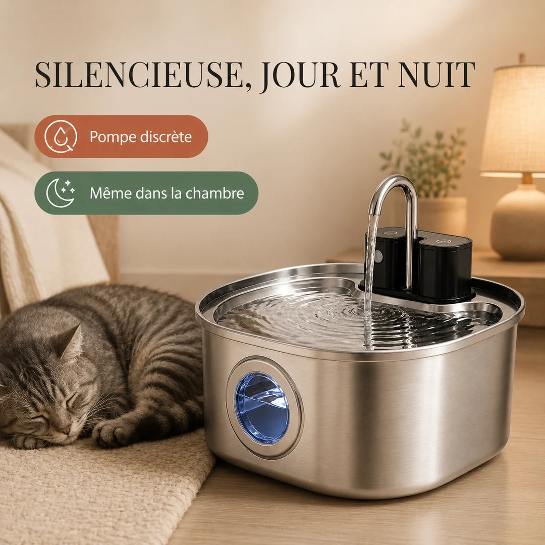 Fontaine à chat silencieuse FlowArc à pompe discrète, jour et nuit Image