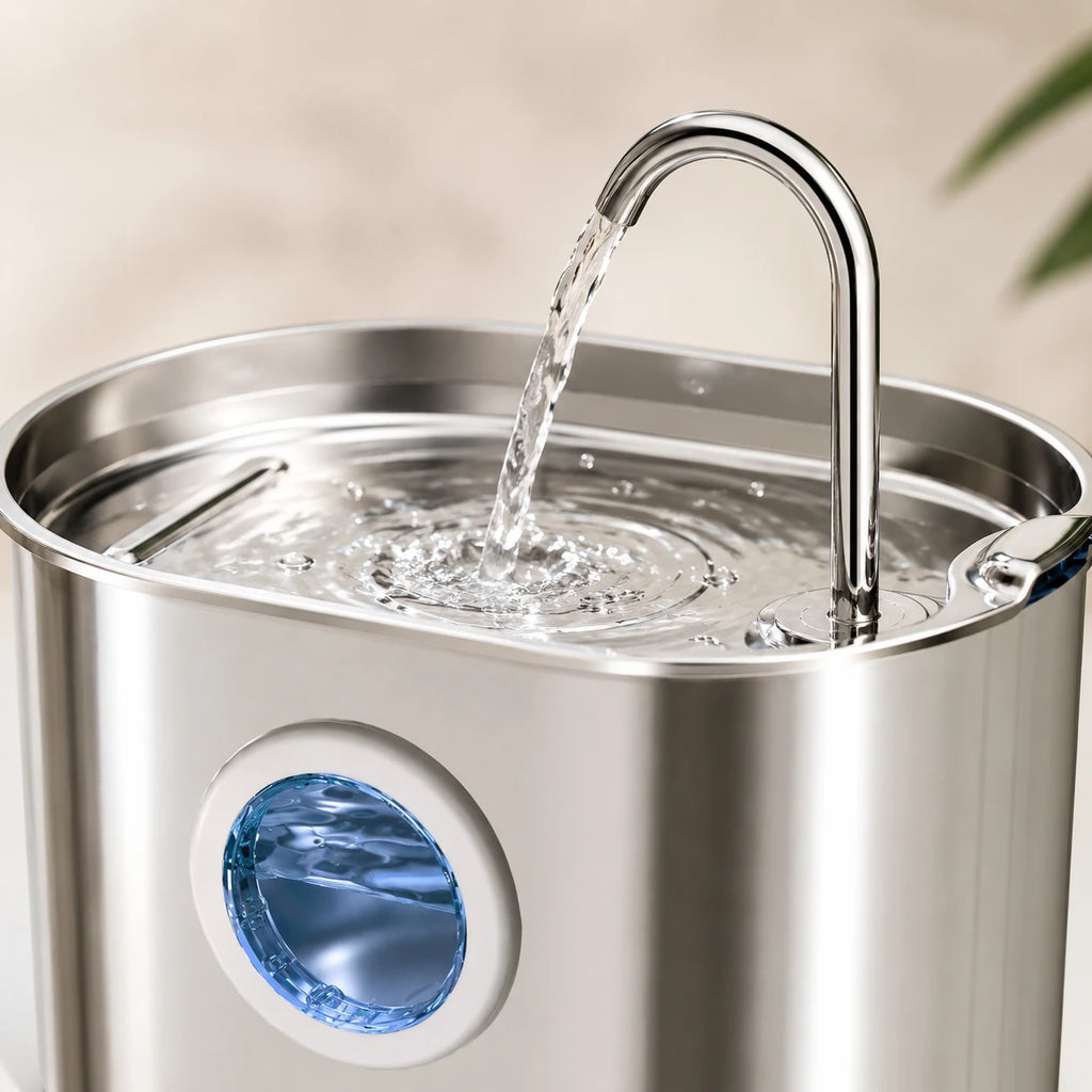 Fontaine inox ovale bec robinet à hublot LED 2,2 L - filet d'eau en marche