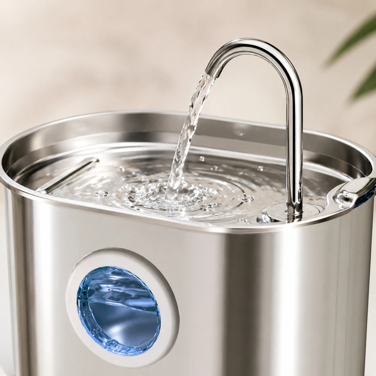 Fontaine inox ovale bec robinet à hublot LED 2,2 L - filet d'eau en marche Image