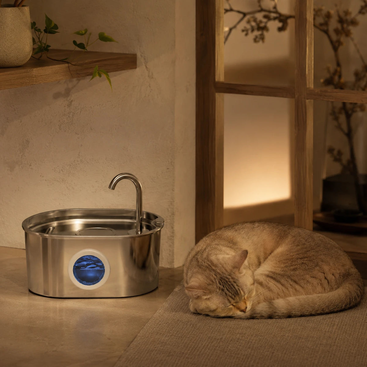 Fontaine inox ovale bec robinet à hublot LED 2,2 L - silencieuse, chat qui dort Image