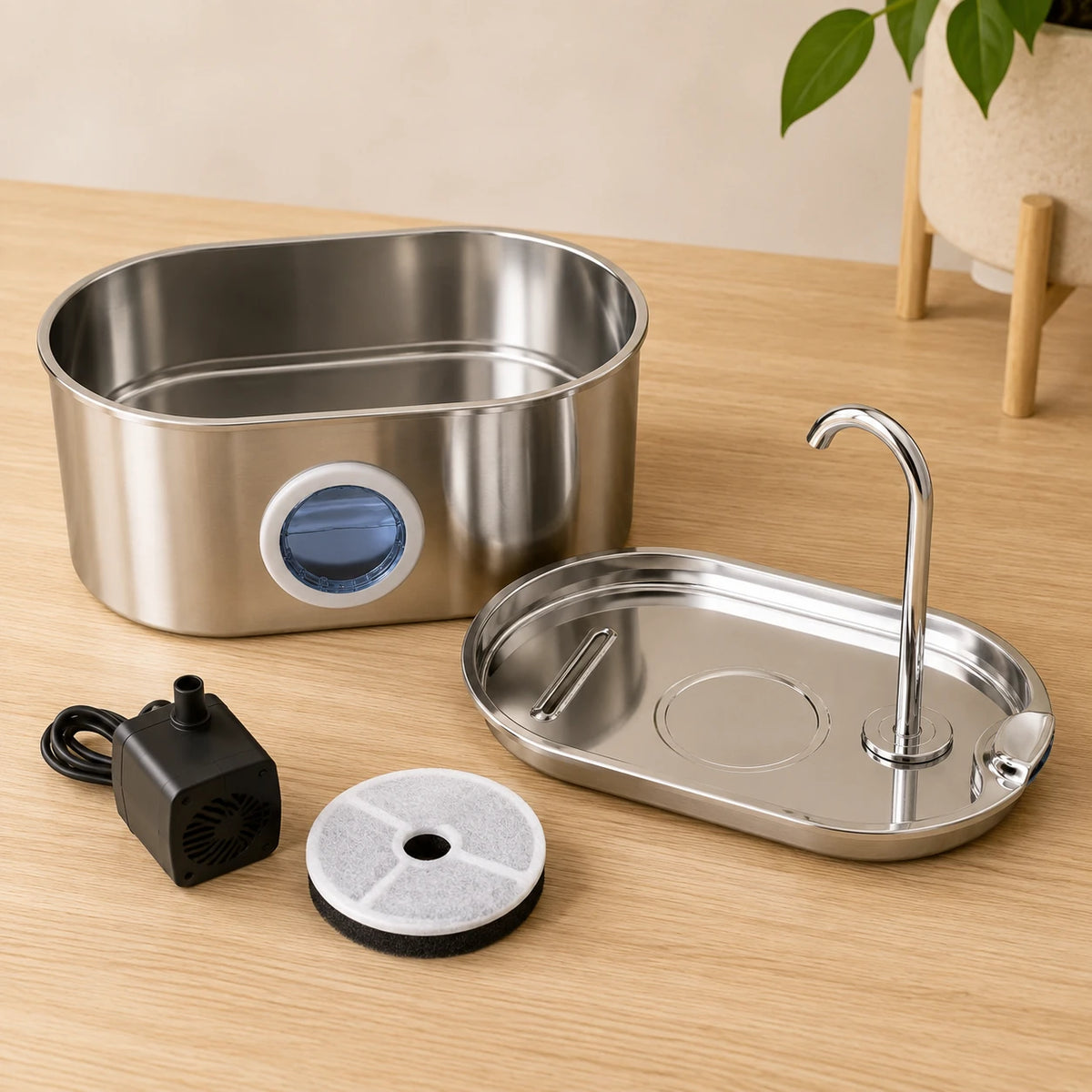 Fontaine inox ovale bec robinet à hublot LED 2,2 L - entretien facile, démontée