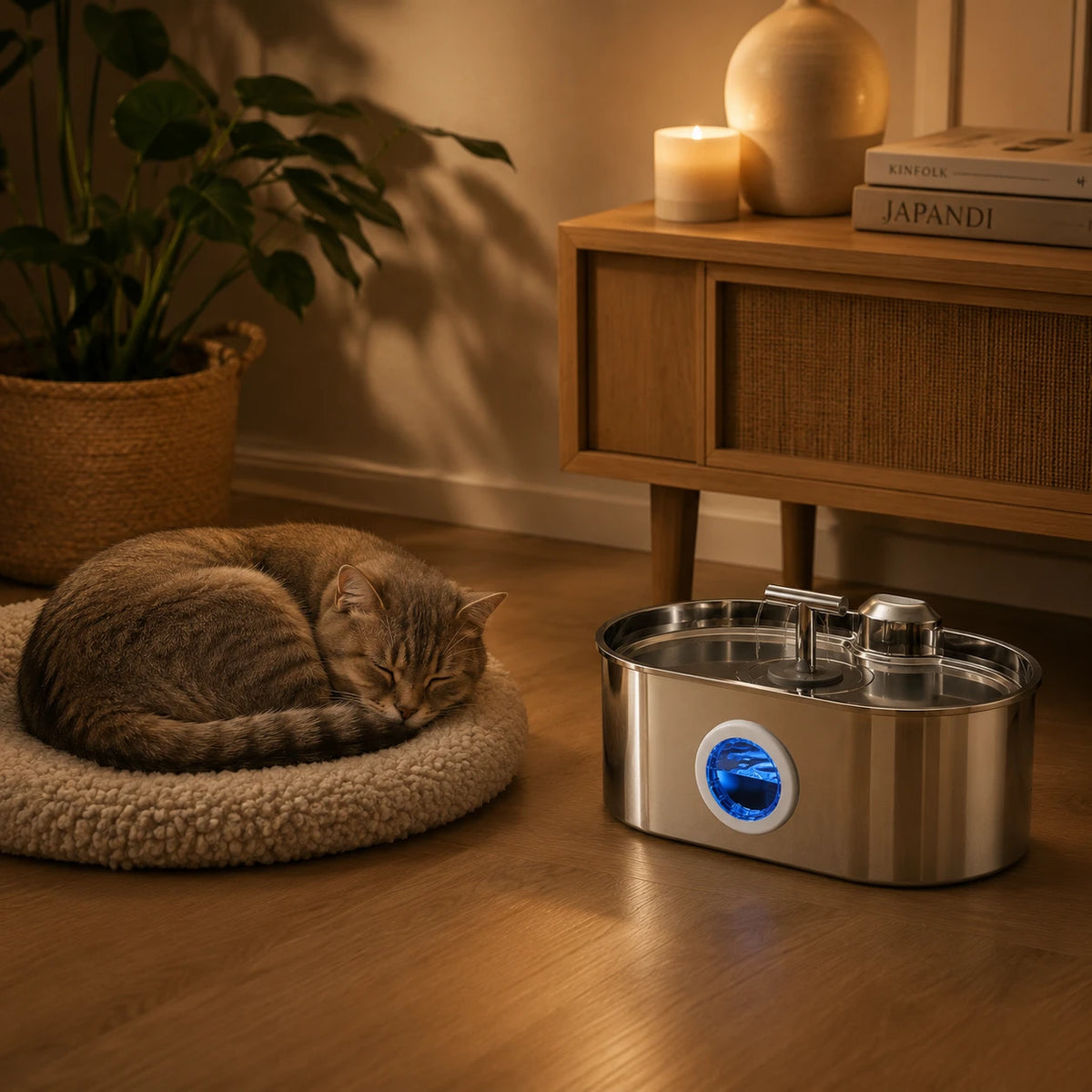 Fontaine inox ovale filet doux à hublot LED 2,2 L - silencieuse, chat qui dort Image