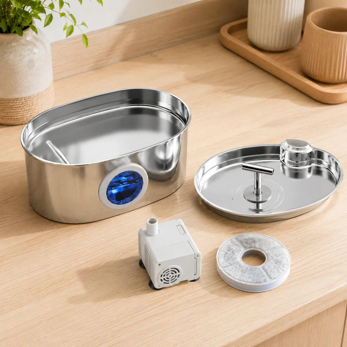 Fontaine inox ovale filet doux à hublot LED 2,2 L - entretien facile, démontée Image