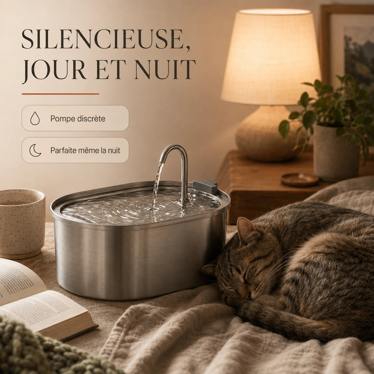 Fontaine silencieuse jour et nuit, pompe discrète Image