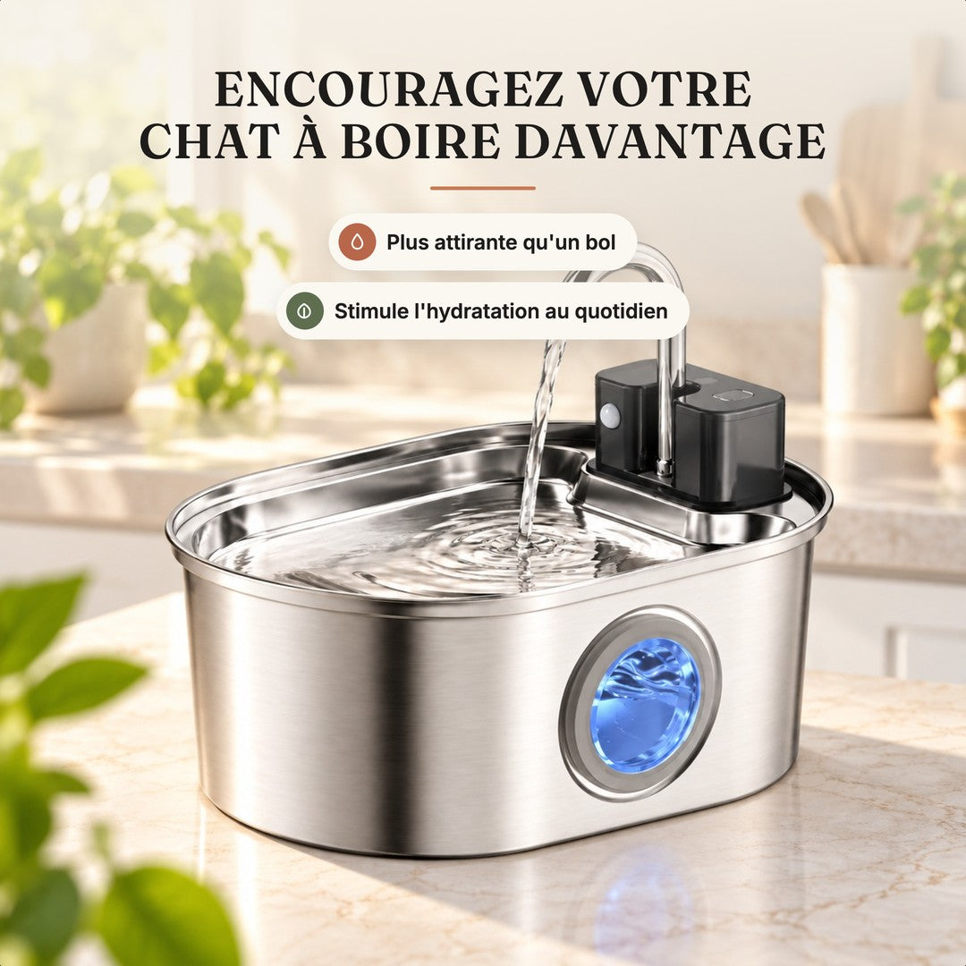 Chat qui boit l'eau courante d'une fontaine inox ovale 3,2 L à bec robinet
