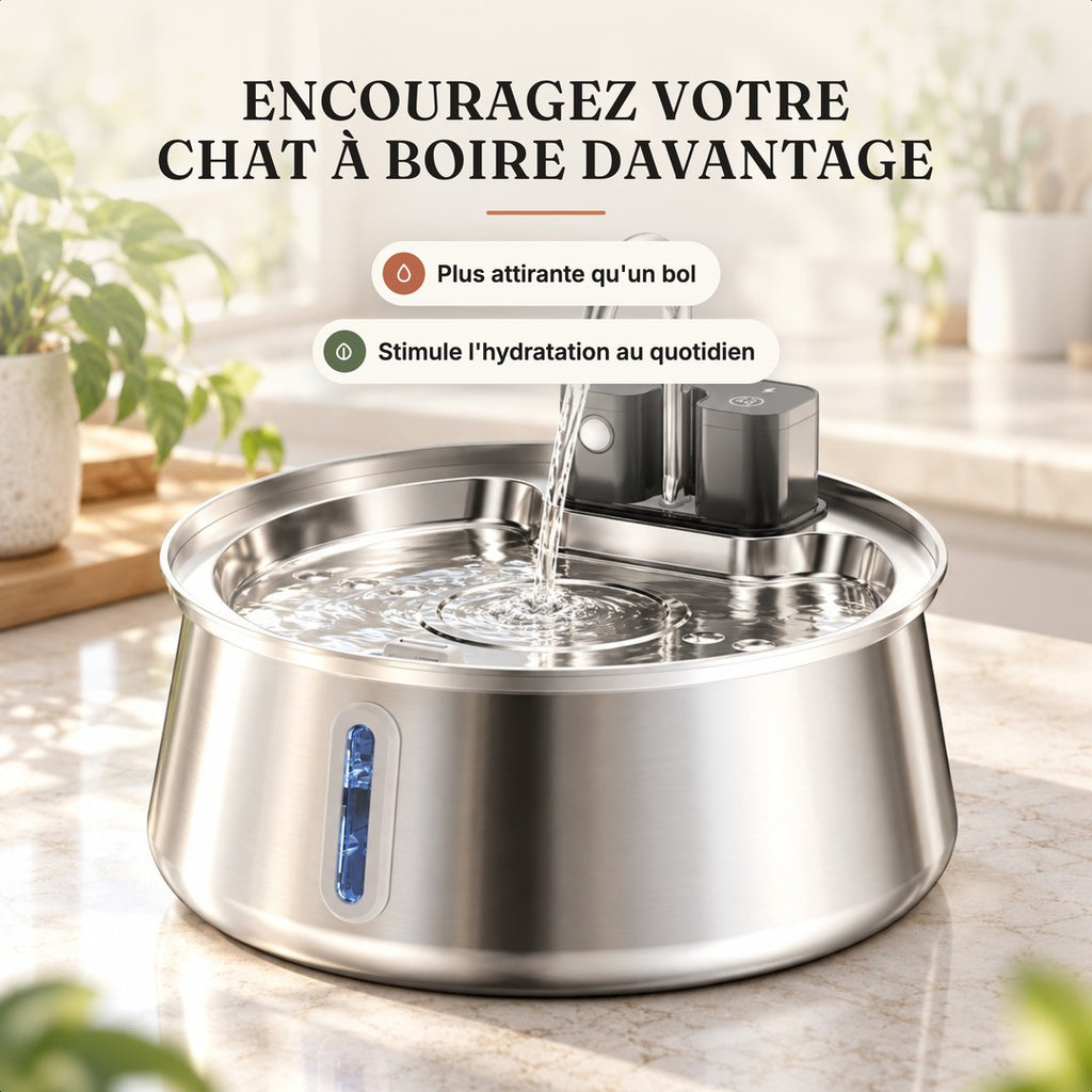 Chat qui boit l'eau courante d'une fontaine inox 4 L à bec robinet