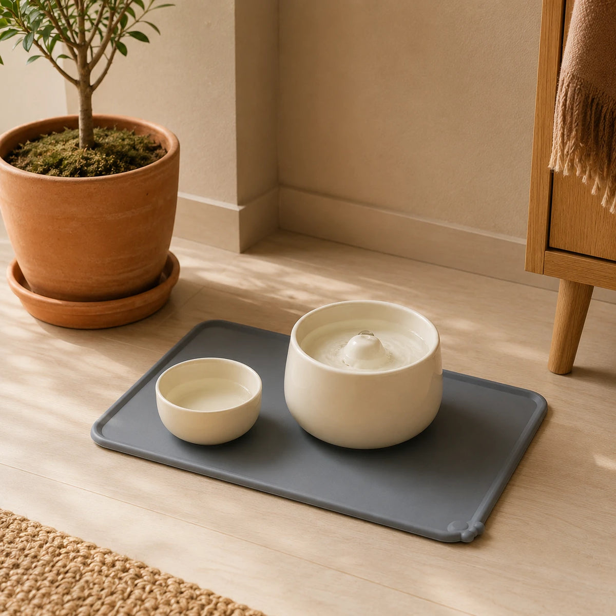 Tapis anti-débordement gris dans un coin repas chat cosy