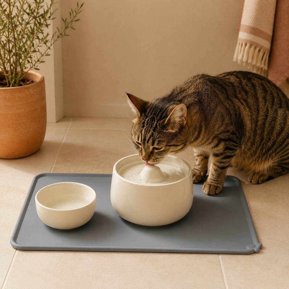 Tapis anti-débordement gris sous une fontaine à eau, chat qui boit