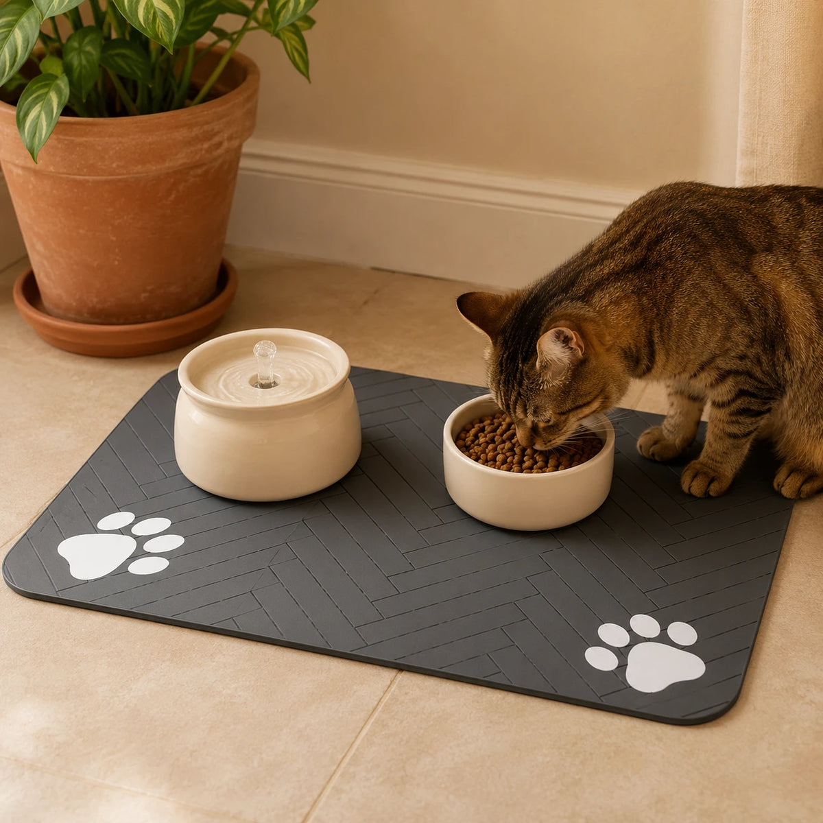 Tapis sous-bowl gris sous une fontaine et gamelle, chat qui mange
